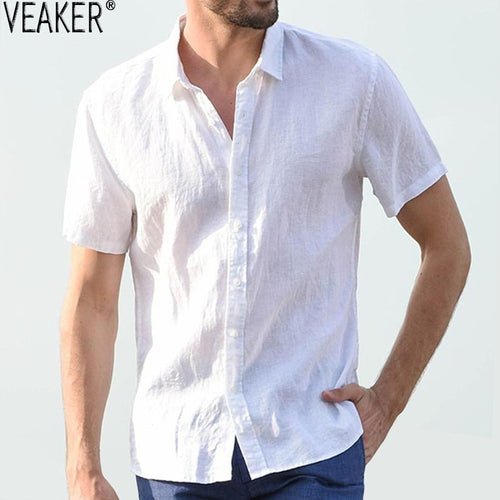 2019 New Men's Casual Cotton linen shirt Male White Short Sleeve Shirts Men Summer Solid Color Shirt Tops M-3XL